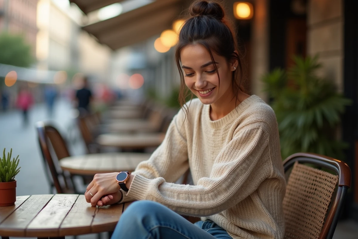 Jeune femme au caf&eacute; regardant sa montre dans un cadre urbain d&eacute;contract&eacute;