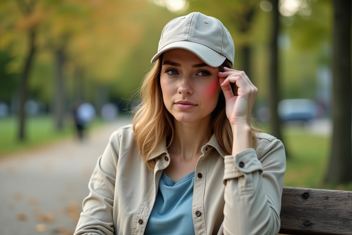 Femme retirant une casquette trop serrée sur un banc de parc, montrant une marque rouge sur le front causée par une mauvaise taille