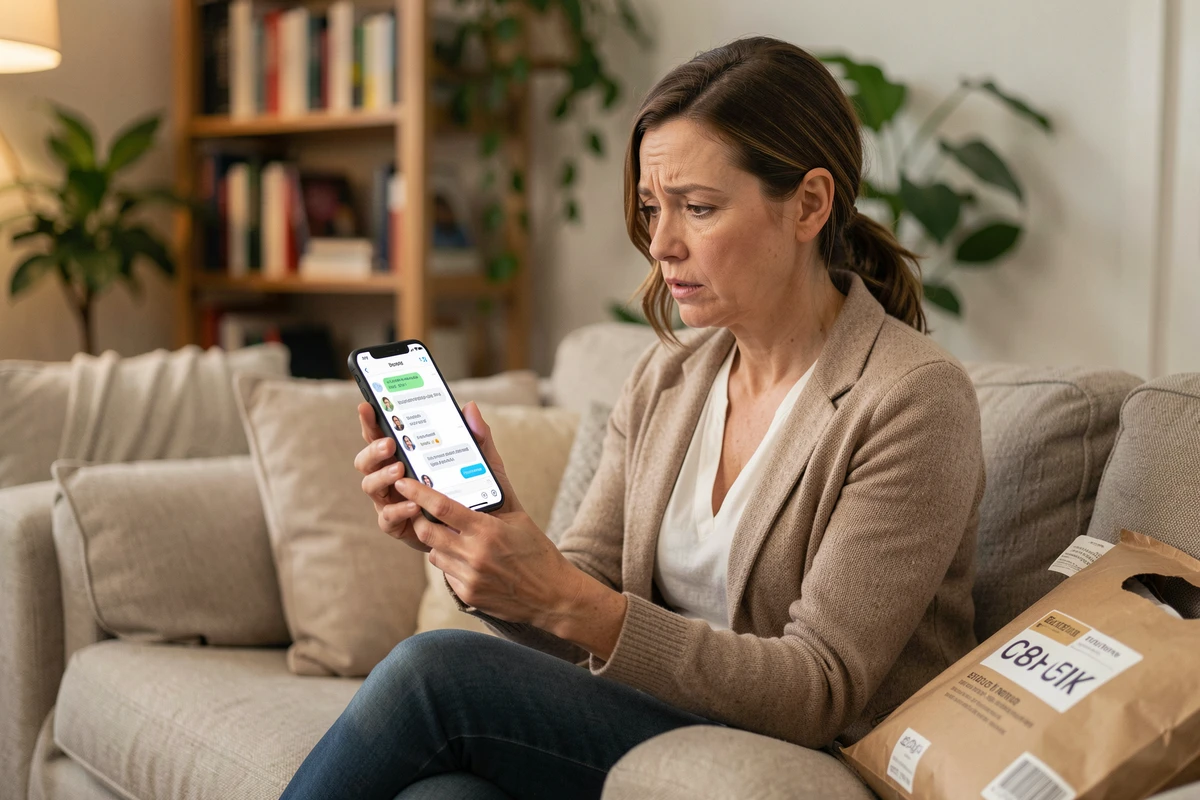 Femme contactant le service client Thehalara par chat sur smartphone pour obtenir un remboursement