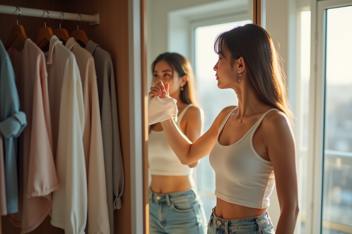 Jeune femme choisissant des crop tops dans une armoire lumineuse