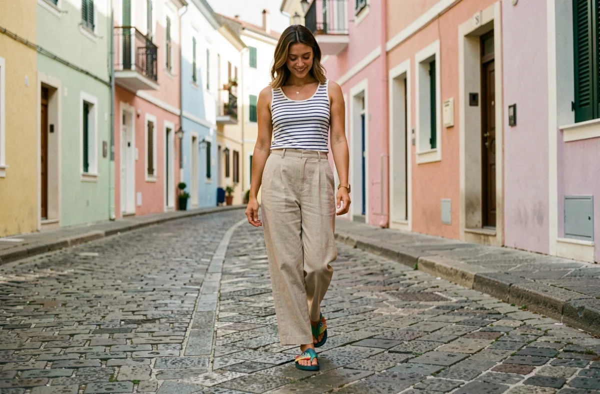 Femme portant des claquettes poisson tendance dans une rue pavée méditerranéenne, style mode été 2026