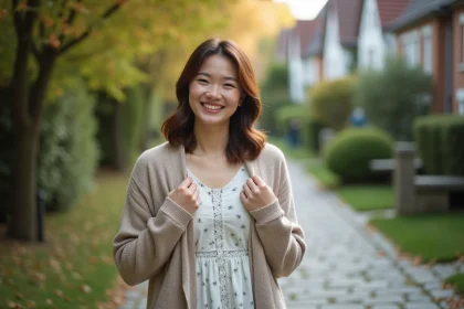 Femme en robe en coton ajustant un cardigan dans un cadre naturel