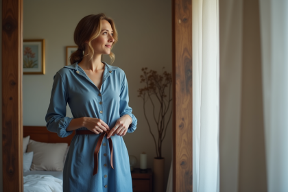 Femme en robe bleue ajustée se regardant dans le miroir