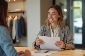 Femme souriante tenant un formulaire d'échange vêtement