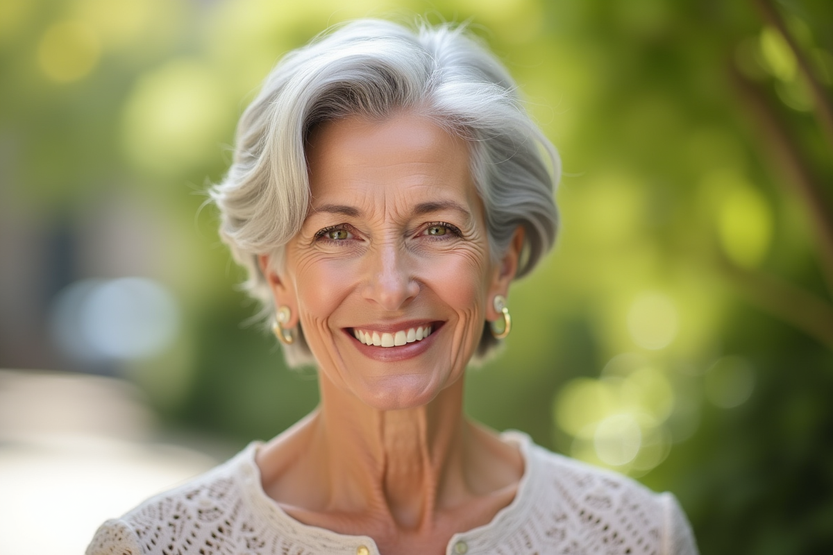 Femme élégante de 60 ans souriante en extérieur
