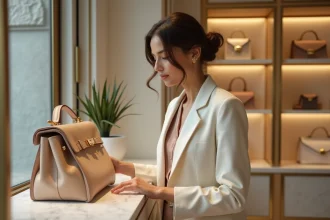 Femme élégante inspectant un sac de luxe dans une boutique parisienne haut de gamme, illustration de tendances mode luxe