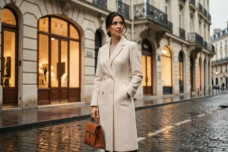 Femme élégante portant un manteau en laine ivoire et un sac en cuir structuré sur les pavés parisiens sous une façade haussmannienne