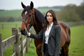 Femme en blazer équestre avec un cheval dans la campagne