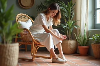 Jeune femme essayant des espadrilles dans un salon lumineux