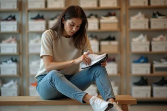 Femme examinant l'étiquette de pointure à l'intérieur d'une chaussure Adidas dans un magasin de sport