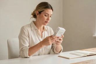 Femme évaluant un produit Leonie & Co à son bureau après 30 jours d'utilisation