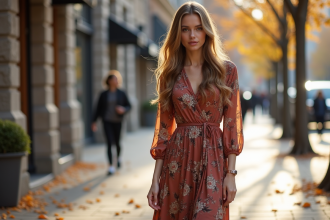 Femme en robe florale automnale dans la ville