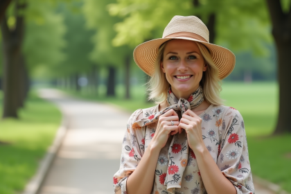Femme souriante portant un chapeau en paille dans un parc