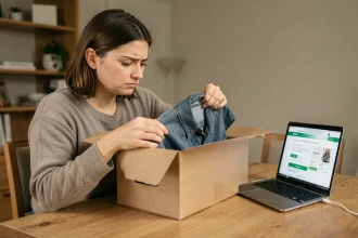 Femme inspectant un vêtement reçu par colis à domicile avant de contacter le service client Thehalara pour un retour