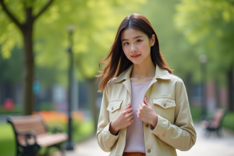 Femme en veste beige dans un parc urbain fleuri