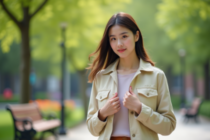 Femme en veste beige dans un parc urbain fleuri