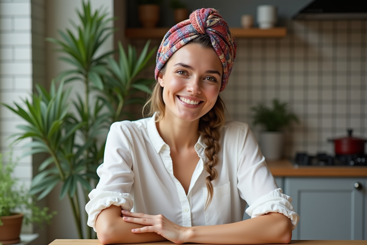 Jeune femme avec foulard coloré dans une cuisine chaleureuse