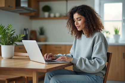 Femme lisant des avis produits sur un ordinateur portable
