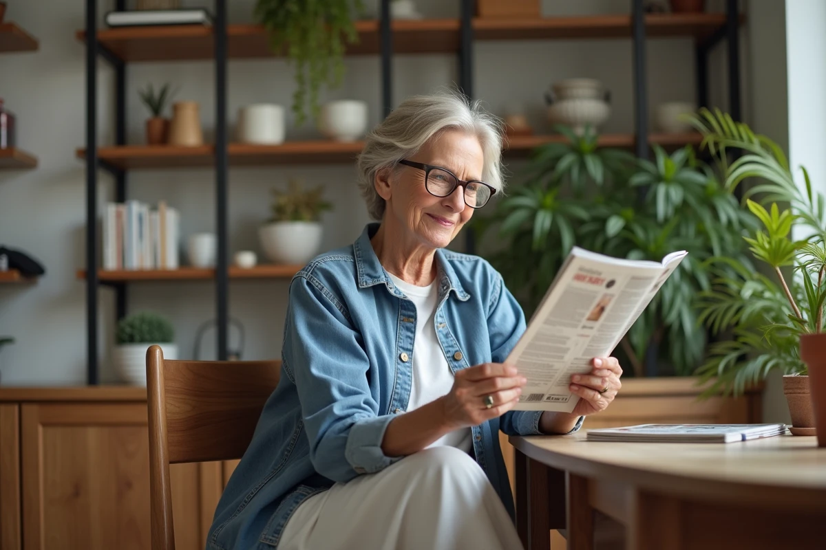 Femme assise à la maison feuilletant un magazine en tenue décontractée