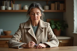 Femme en manteau en laine inspectant ses poches