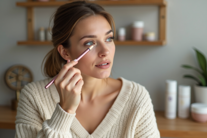 Femme en train de dessiner ses lèvres avec un crayon mauve