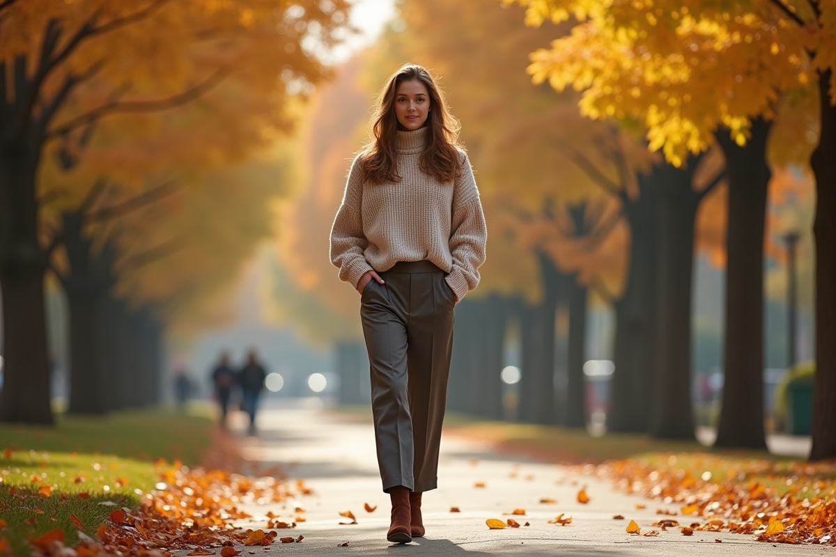 Femme élégante marchant dans un parc urbain en automne