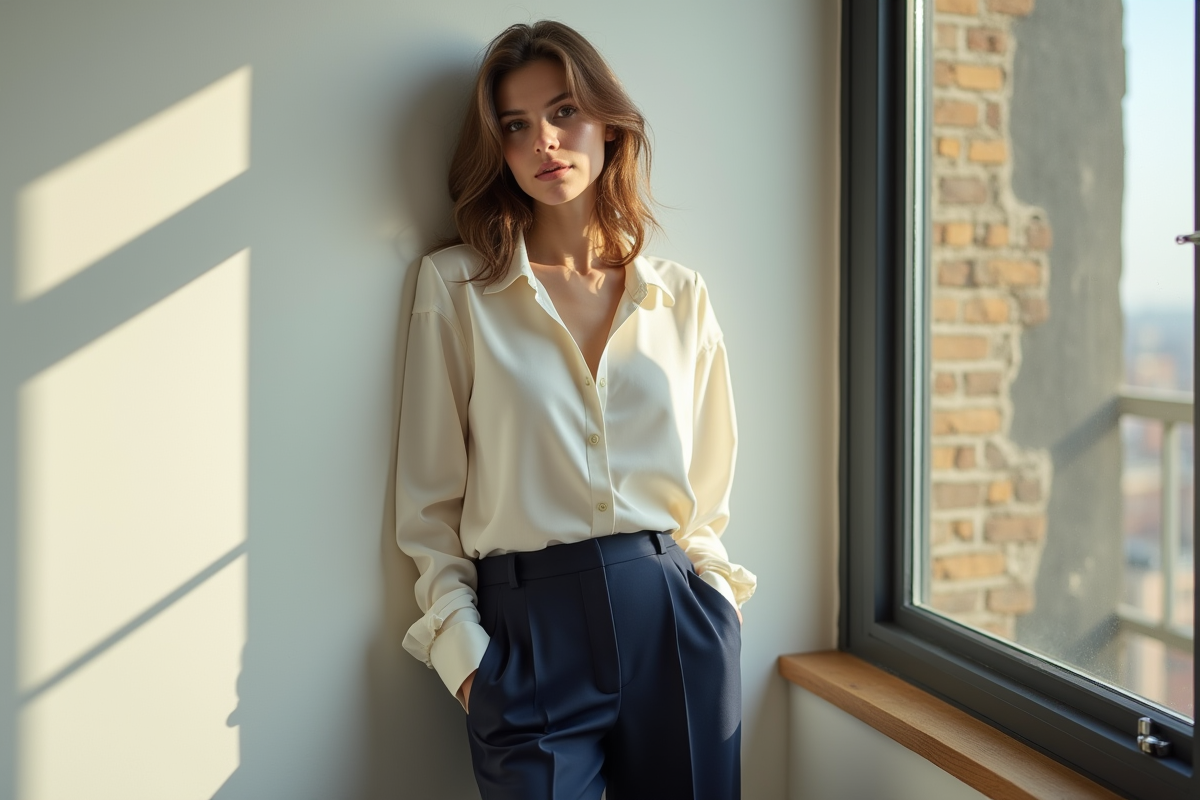 Femme élégante posant près d'une grande fenêtre avec tenue divisée selon la règle 1/3 2/3