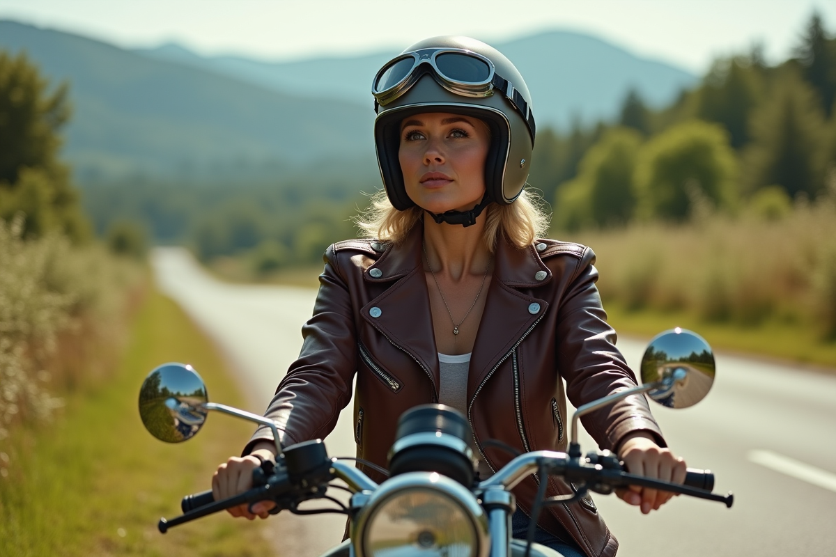 Femme en moto vintage dans la campagne