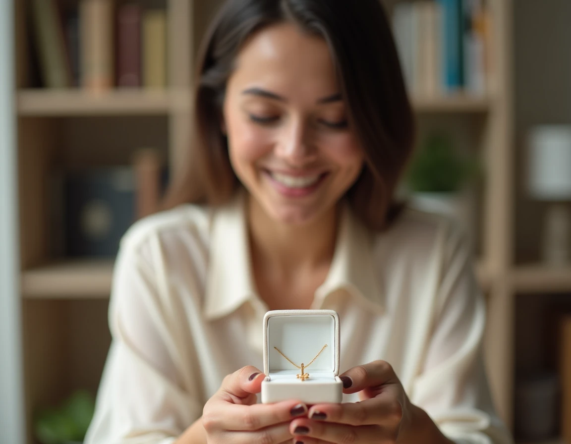 Femme tenant une boîte à bijoux avec une croix en or pour offrir lors d'un baptême