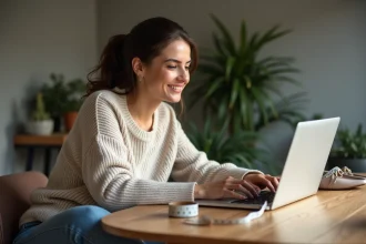 Femme souriante utilisant un convertisseur de pointure chaussure à la maison