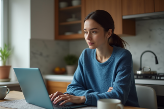 Femme assise à une table de cuisine vérifiant Prime Day sur son ordinateur