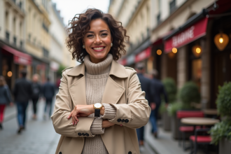 Femme élégante en trench beige à Paris avec montre dorée