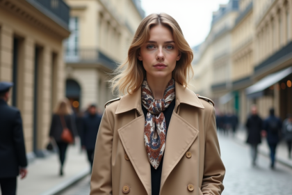 Femme élégante en trench beige et foulard à Paris