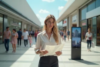 Femme perdue à l'entrée du centre commercial Macarthur Miramas tenant un plan papier face à un panneau d'information numérique