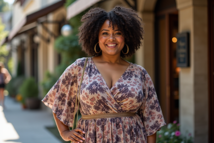 Femme plus size en robe florale chic dehors
