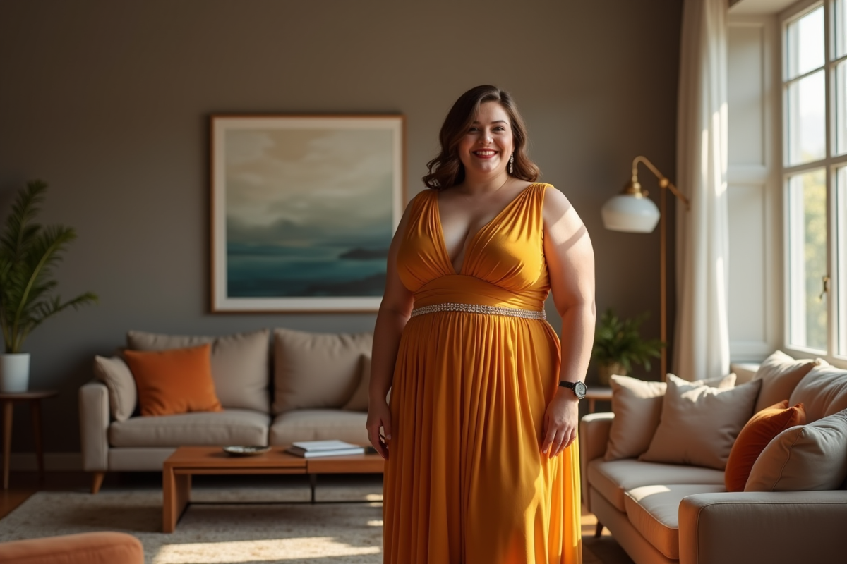 Femme plus size en robe de soirée élégante intérieur