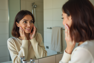 Femme regardant son reflet dans un miroir de salle de bain