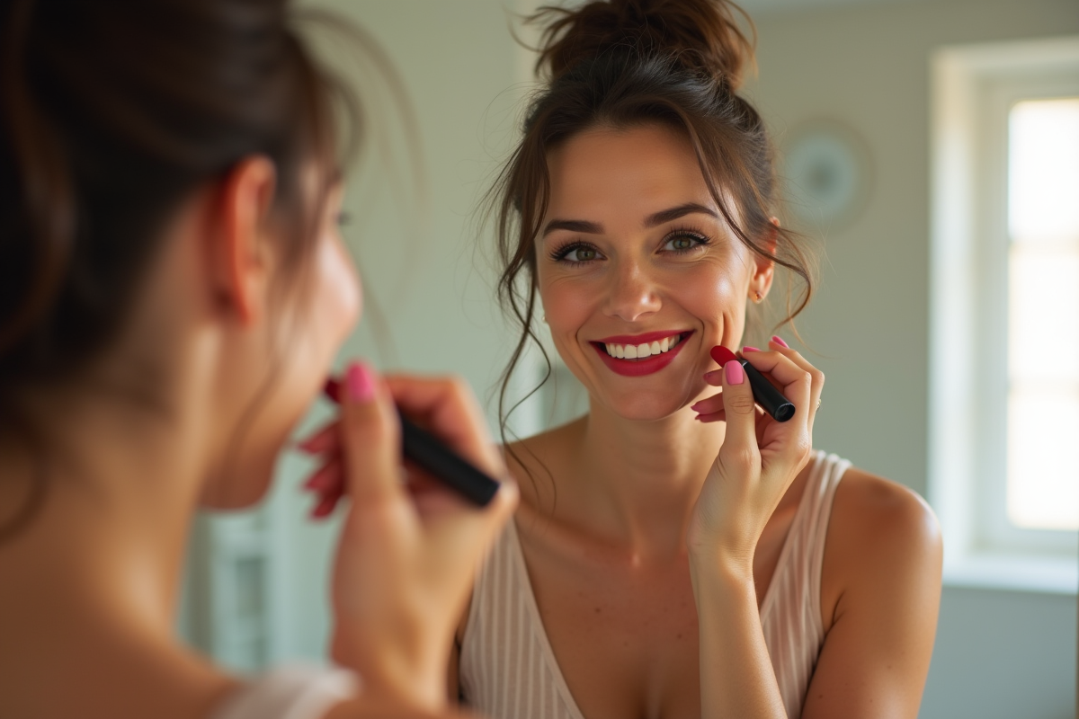 Femme confiante en train d'appliquer rouge à lèvres devant miroir