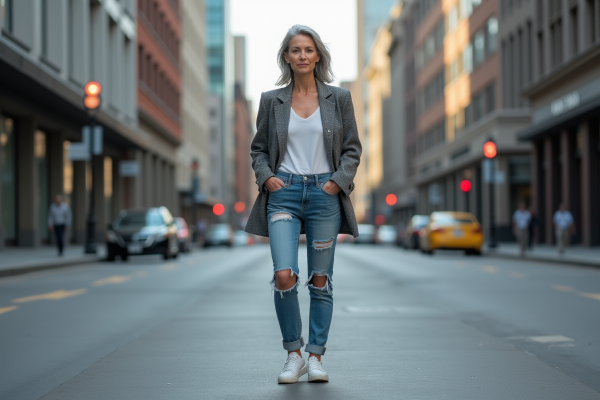 Femme senior élégante en ville avec jeans et blazer
