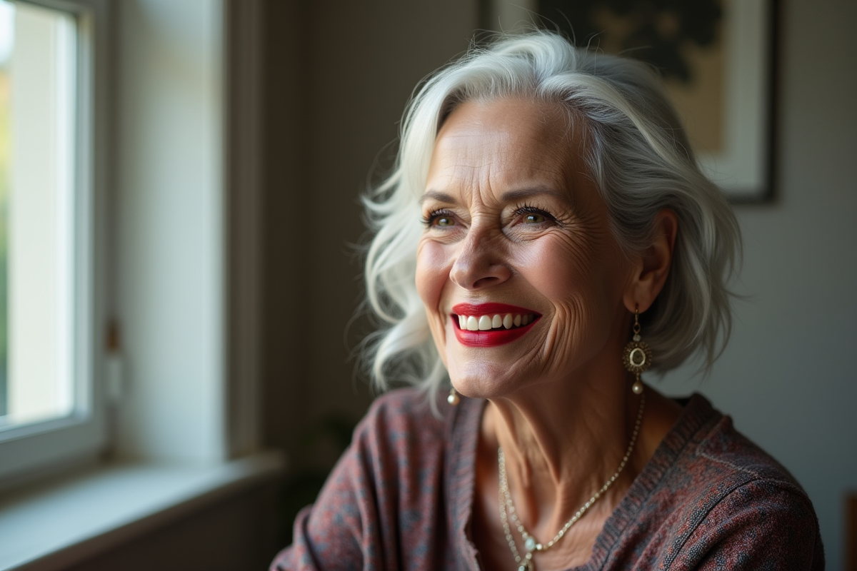 Femme senior souriante avec rouge à lèvres rouge vif