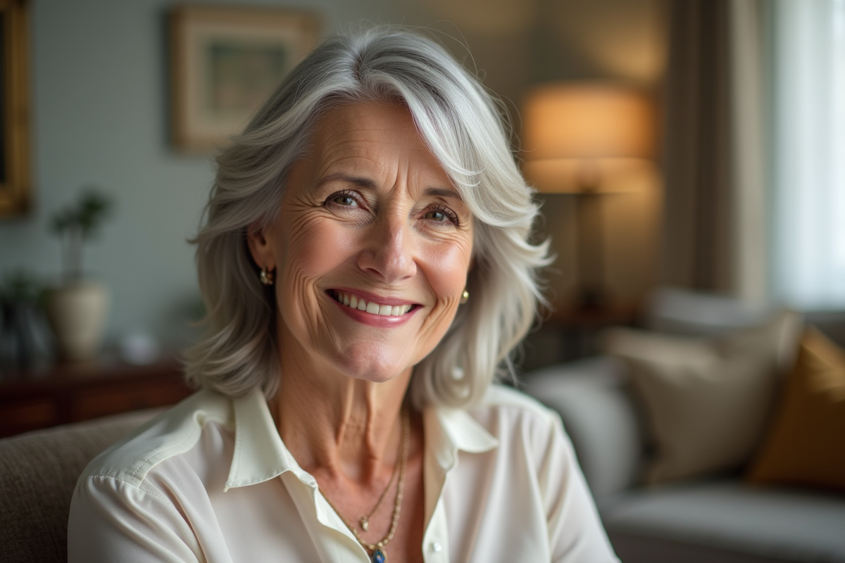 Femme élégante de 60 ans souriante dans un salon lumineux