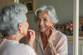 Femme élégante de 70 ans appliquant du rouge à lèvres dans sa chambre