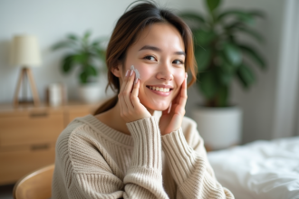 Femme appliquant crème visage dans un intérieur lumineux