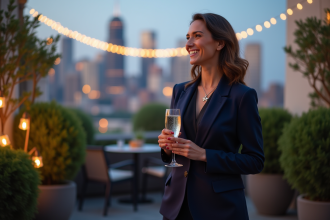 Femme élégante en tailleur navyblue lors d'une soirée rooftop
