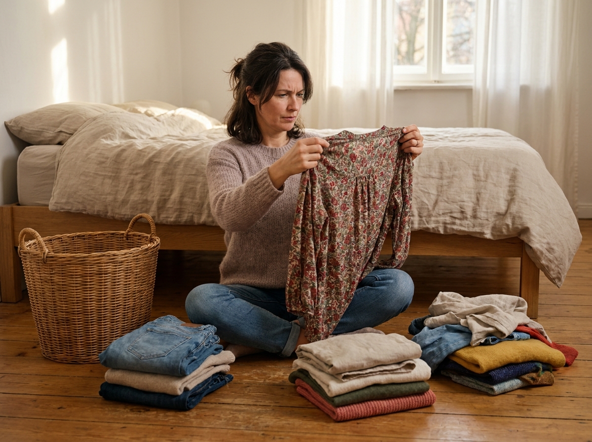 Femme assise par terre entourée de vêtements triés dans une chambre, en train d'évaluer une blouse florale pour refaire son dressing