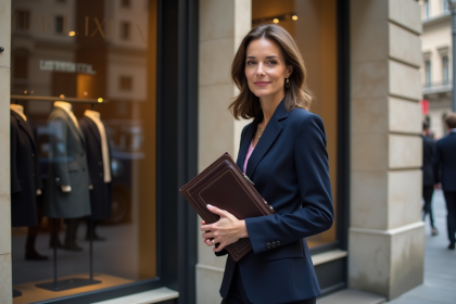 Femme &eacute;l&eacute;gante en tailleur navy devant une boutique de luxe