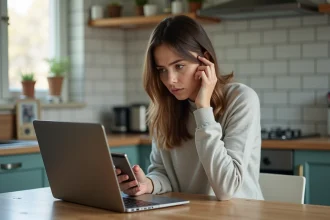 Femme concentrée sur son ordinateur dans la cuisine