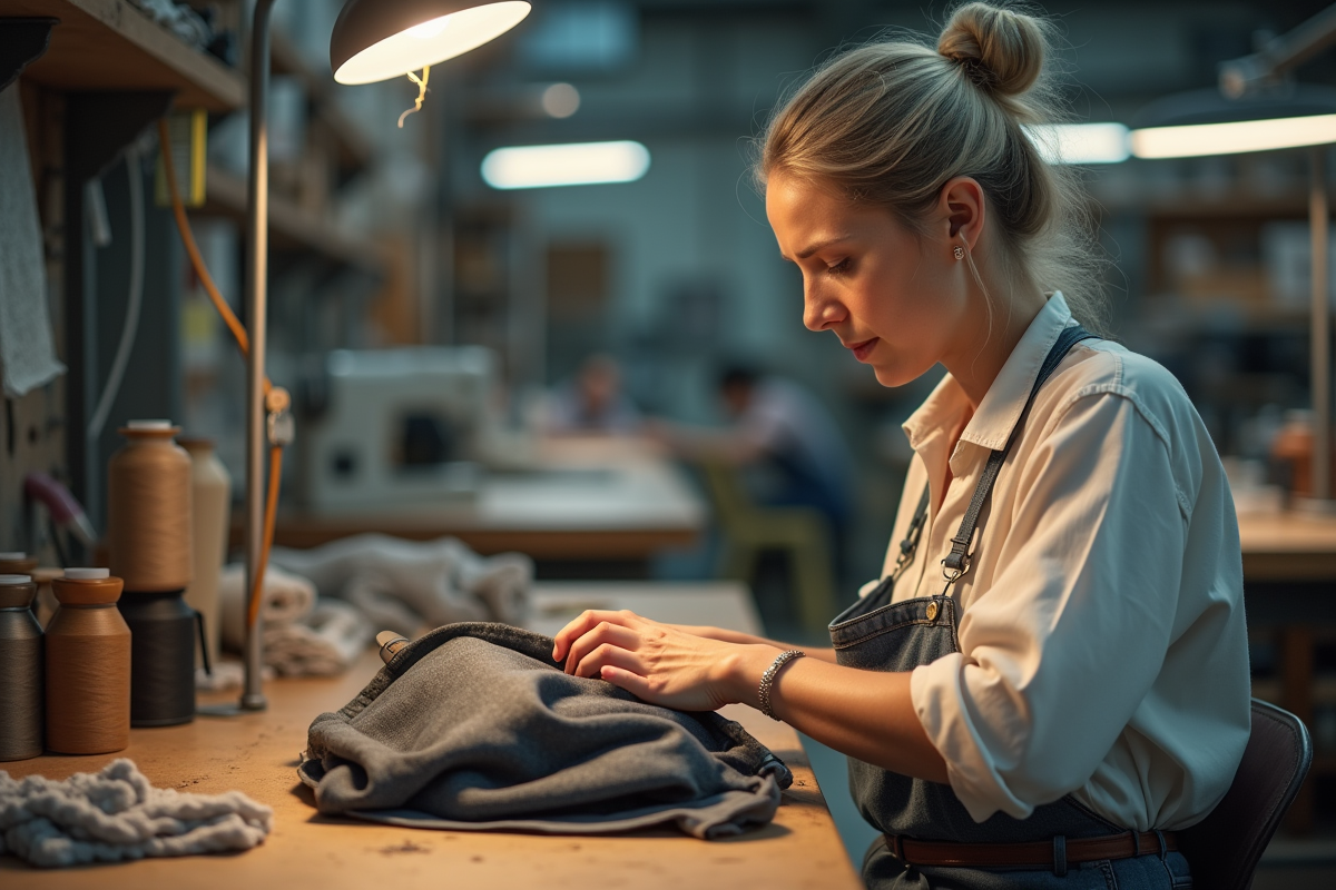 Femme textile cousant un sac à dos dans un atelier