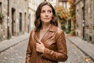 Femme portant une veste en cuir vintage marron sur une rue pavée européenne, détail de la patine et du grain du cuir naturel
