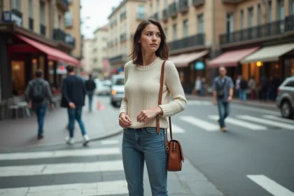 Femme urbaine ajustant son sac en ville moderne